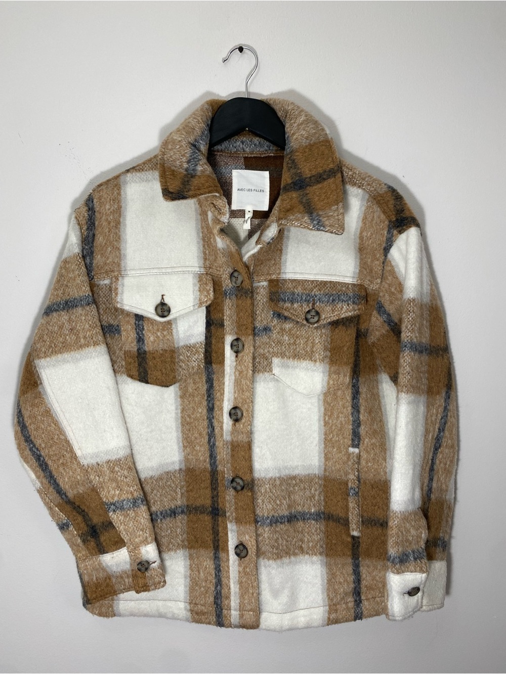 Avec Les Filles Brown & White Plaid Shacket Medium